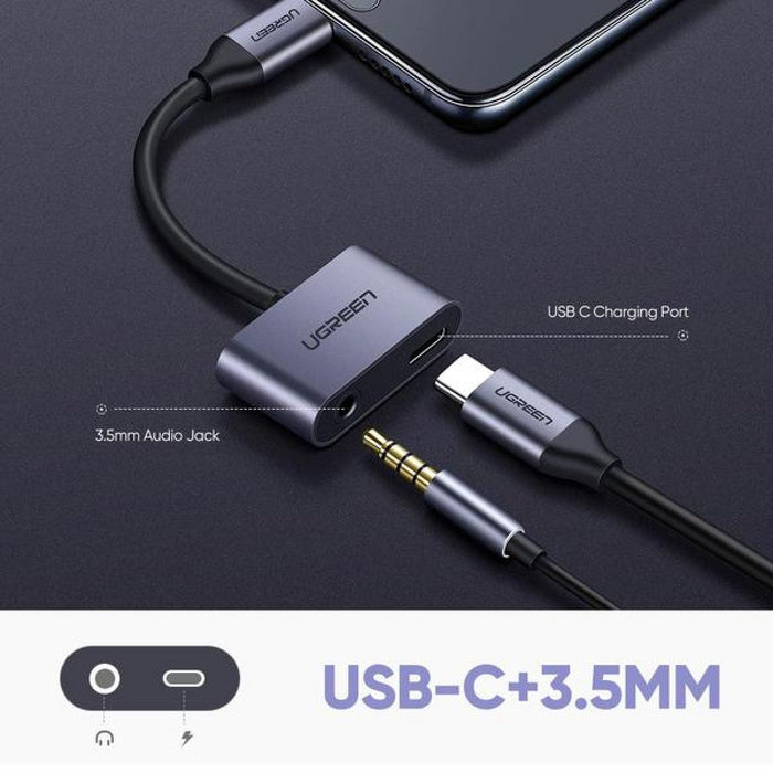 Ugreen 2-in-1 Charge & Audio USB-C Adapter with 3.5 mm Jack & USB-C Charging Port - Grey