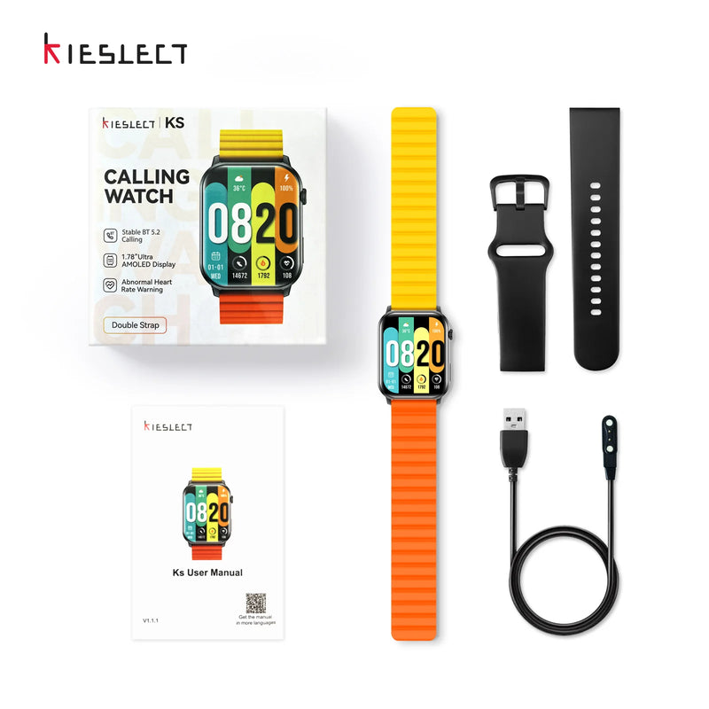 Kieslect Ks Bluetooth Calling Smart Watch Clear & Stable Bluetooth Callings,  1.78”Colorful AMOLED Display (Double Strap) - Black