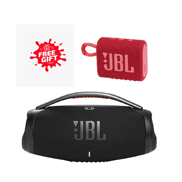 JBL Boombox 3 Portable Bluetooth Speaker, Powerful Sound and Monstrous bass, IPX7 Waterproof, 24 Hours of Playtime - Black + JBL GO 3 Portable Bluetooth Speaker - Red