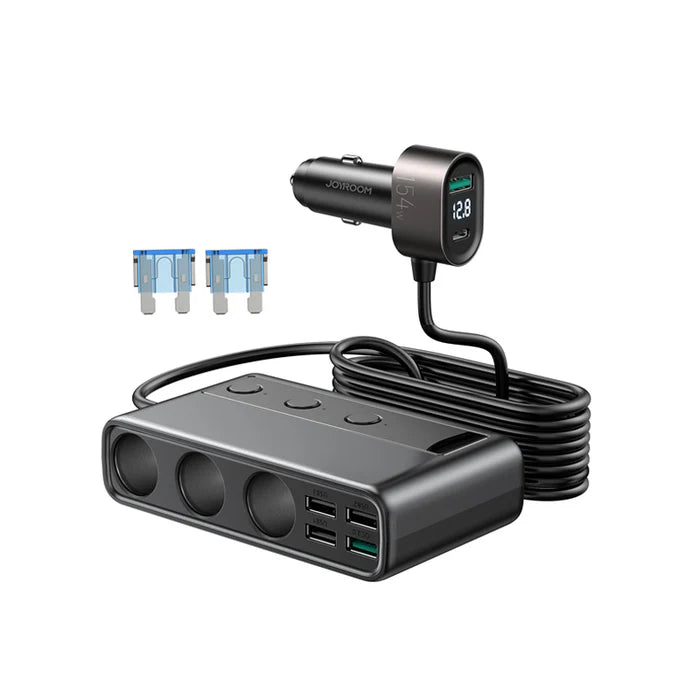 Joyroom 9 in 1 car charger 154W 5x USB-A / USB-C / 3x cigarette lighter socket PD QC PPS - JR-CL06 - Black