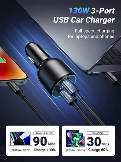 Ugreen 3-Port Fast Car Charger 130w - 35025 - Black