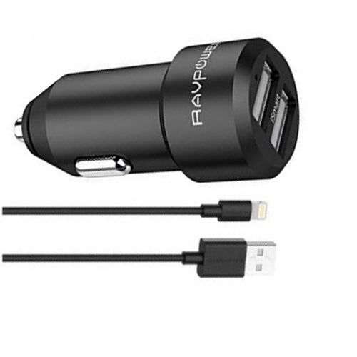 RAVPower RP-VC017 Car Charger 24W Dual Ports Lightning Cable 1M Combo - Black - MoreShopping - Chargers - Ravpower