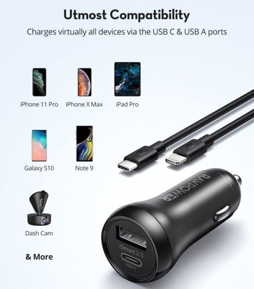 RAVPower Car Charger 24W + 1m Lightning Cable Combo - Black - MoreShopping - Car Accessories - Ravpower