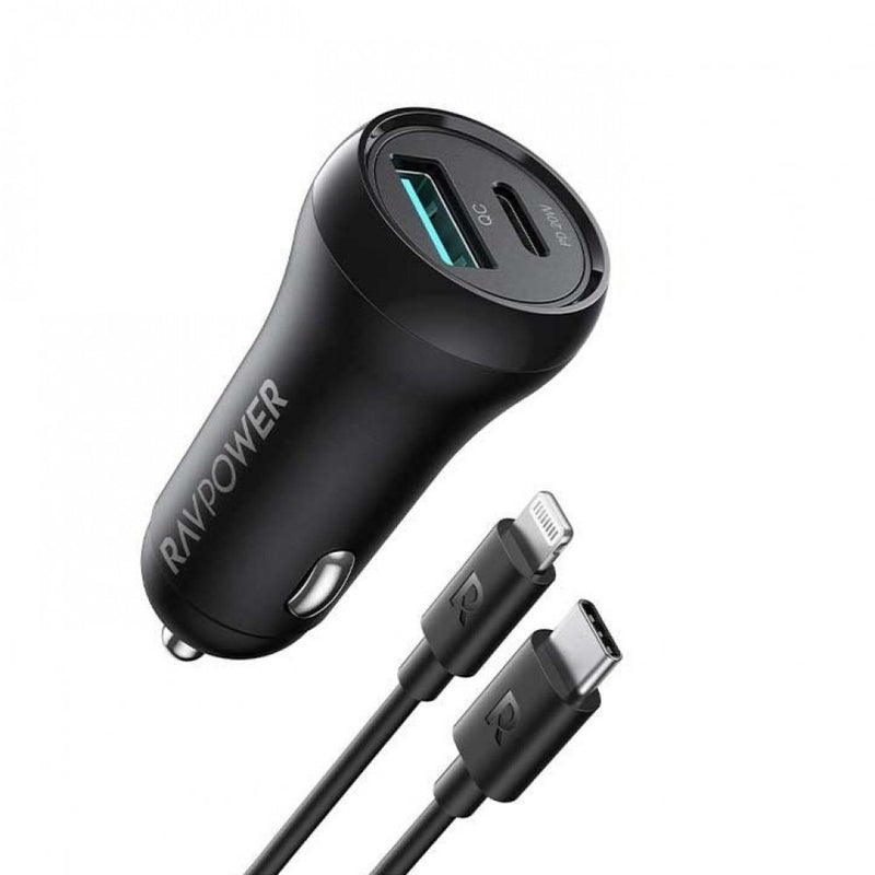 RAVPower Car Charger 24W + 1m Lightning Cable Combo - Black - MoreShopping - Car Accessories - Ravpower