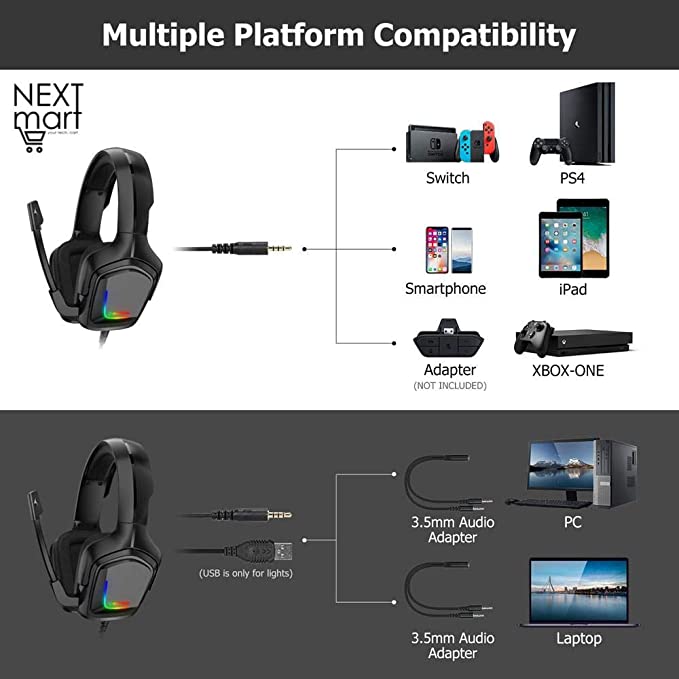 Onikuma K20 Stereo RGB Gaming Headset With LED Light Noise-Cancelling - Black