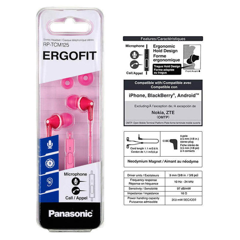 Panasonic RP-TCM125 ErgoFit In-Ear Wired Headphones with Mic - Pink - MoreShopping - Wired Headphones - Panasonic