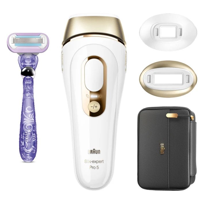 Braun Silk-expert Pro 5 PL5147 IPL with 3 extras: precision head, Venus razor, soft pouch - White-Gold - MoreShopping - Personal Care Women - Braun