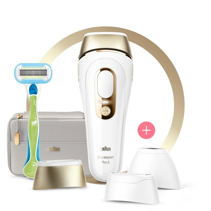 Braun Silk-expert Pro 5 PL5257 IPL with 4 extras: wide head, precision head, Venus razor, soft pouch - White-Gold - MoreShopping - Personal Care Women - Braun